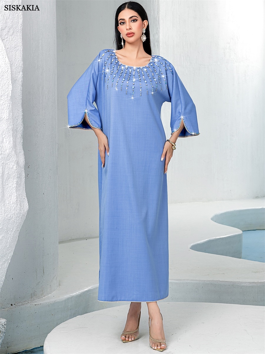 Winter Clothing Dubai - Siskakia Ramadan Moroccan Solid Rhinestone Decorated