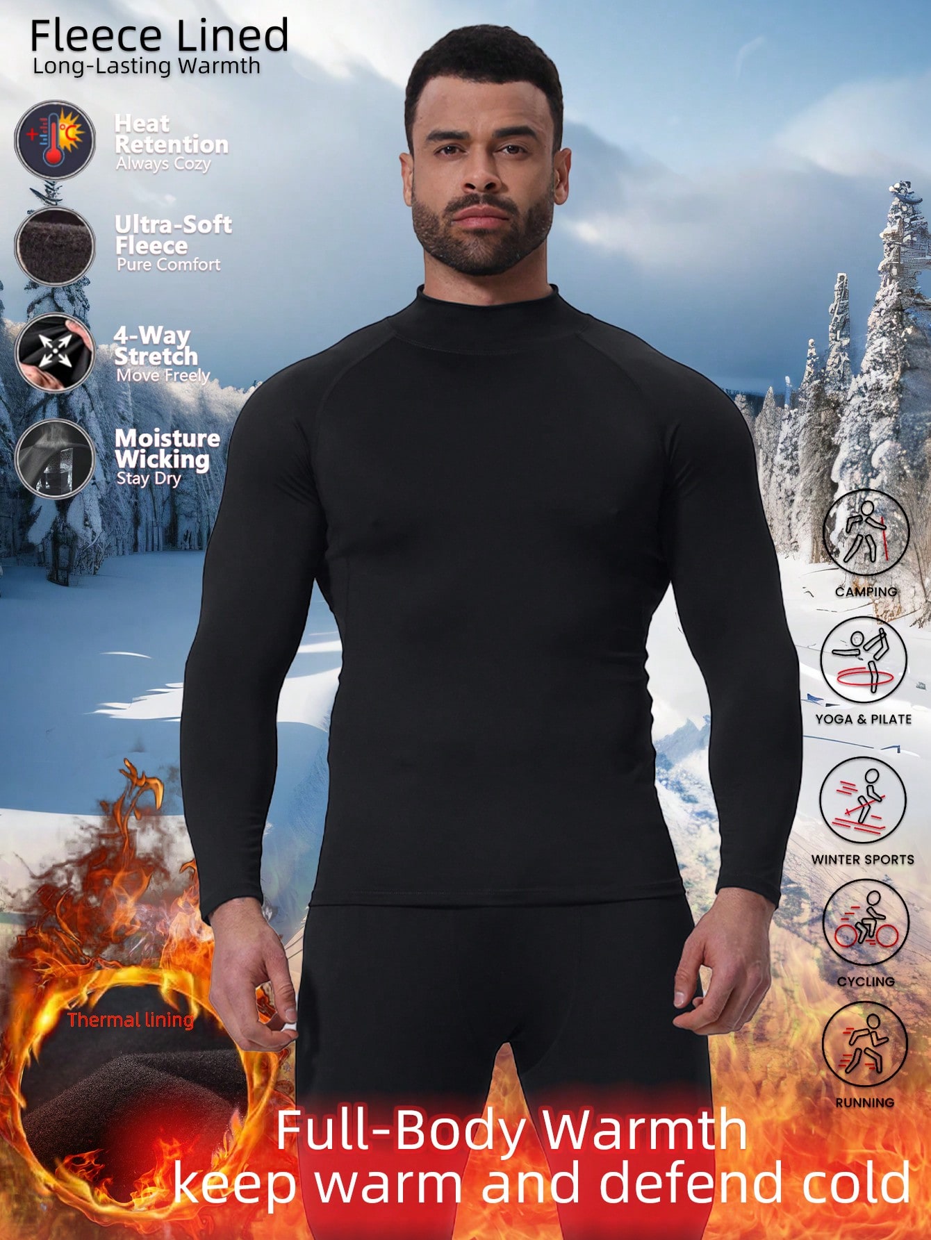 Thermal Base Layer - Fleece-Lined High Neck Long Sleeve Thermal